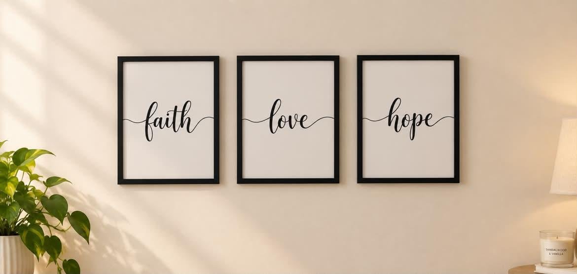 FAITH LOVE HOPE — three black-framed script prints on a cream wall