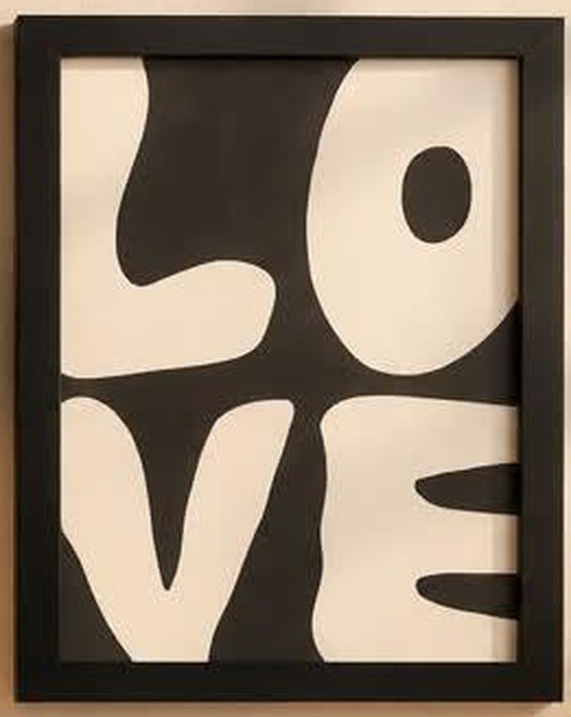 Framed print reading LO VE