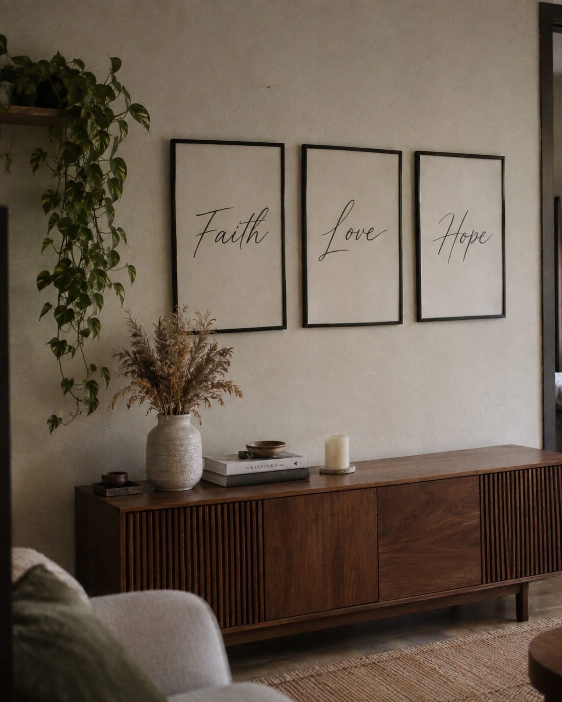 A set of three framed script prints hung above a walnut sideboard